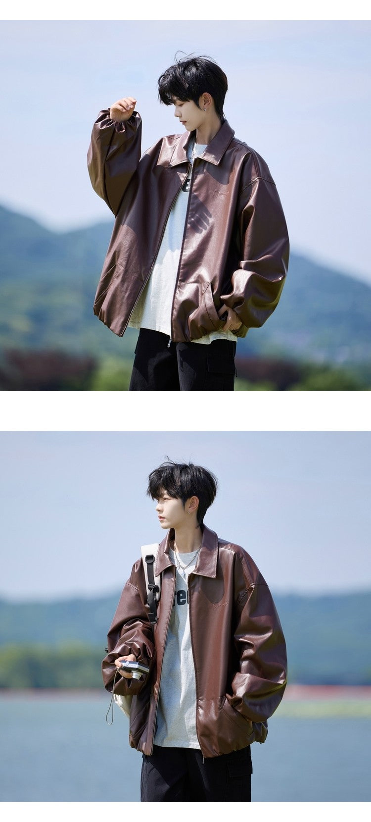 Trend Men's Faux Leather Jacket Autumn Winter Fashionable Solid Color Standing collar PU Leather Biker Jacket Handsome Men Coat