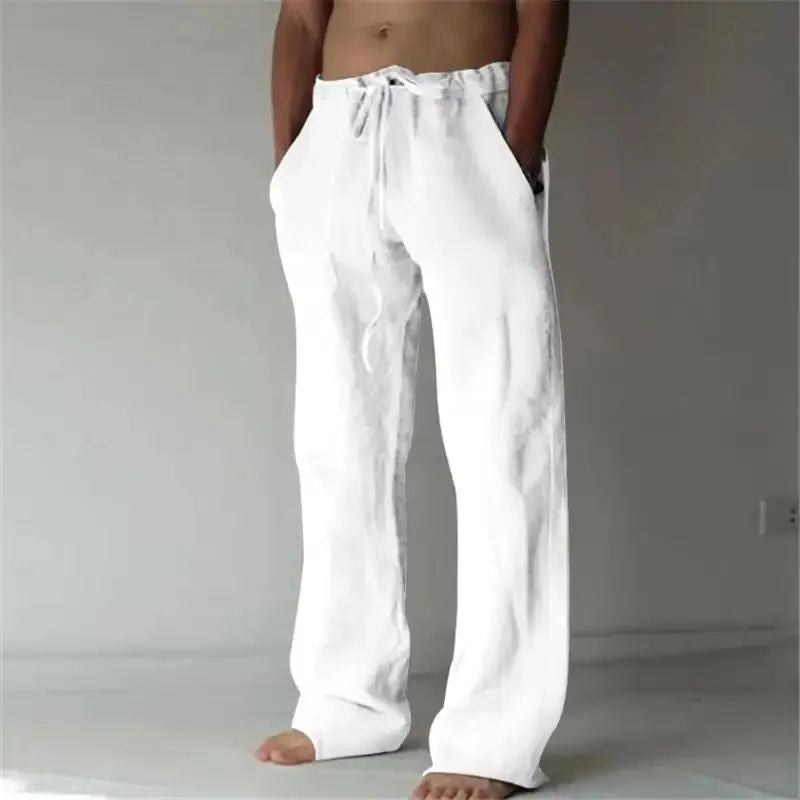 Men's Linen Casual Pants Elastic Waist Beach Pants Lightweight Drawstring Summer Yoga Pants Solid Color Beach Pants