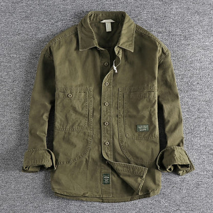 2025 Autumn New American Retro Woven Twill Cargo Shirt Men's Fashion 100% Cotton Washed Long Sleeve Double Pocket Casual Jacket