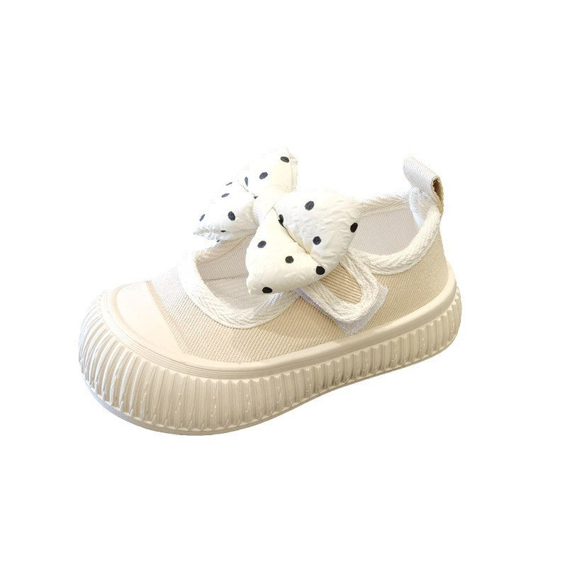 Girls Fashion Shoes Canvas Sneaker Kids Polka Dot Bow Princess Flats Breathable Baby Shoes Student Soft Sole Casual Spring Shoes