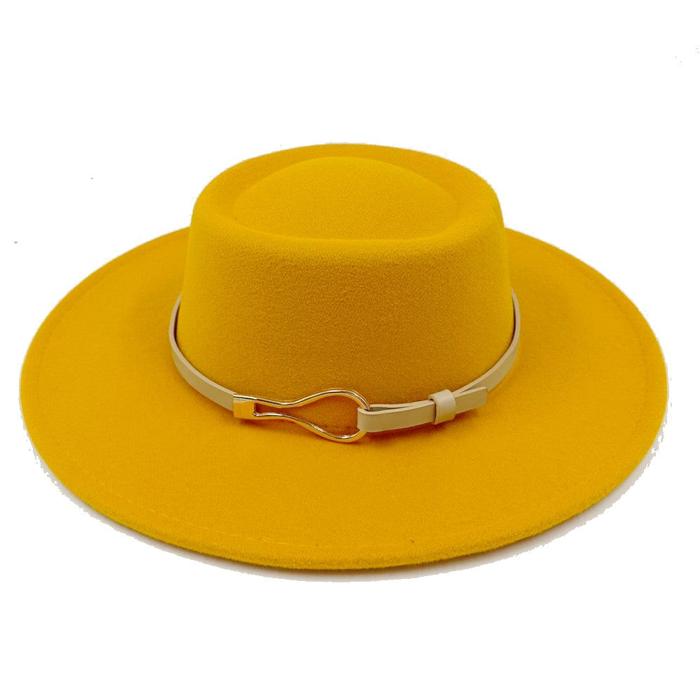 Acessórios femininos de fivela de couro metal com chapéu de feltro de pele com top côncavo e convexo, chapéu fedora e conjunto de bolsa combinando, estilo retrô