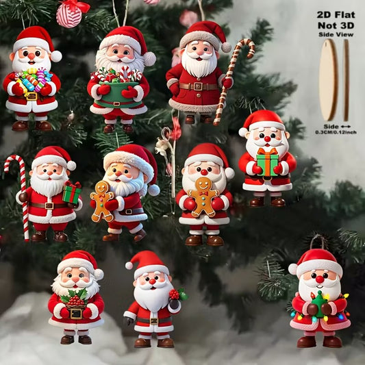 2D flat, 10-piece set of traditional wooden German-style natural wood Santa Claus and gingerbread man doll-shaped decorations