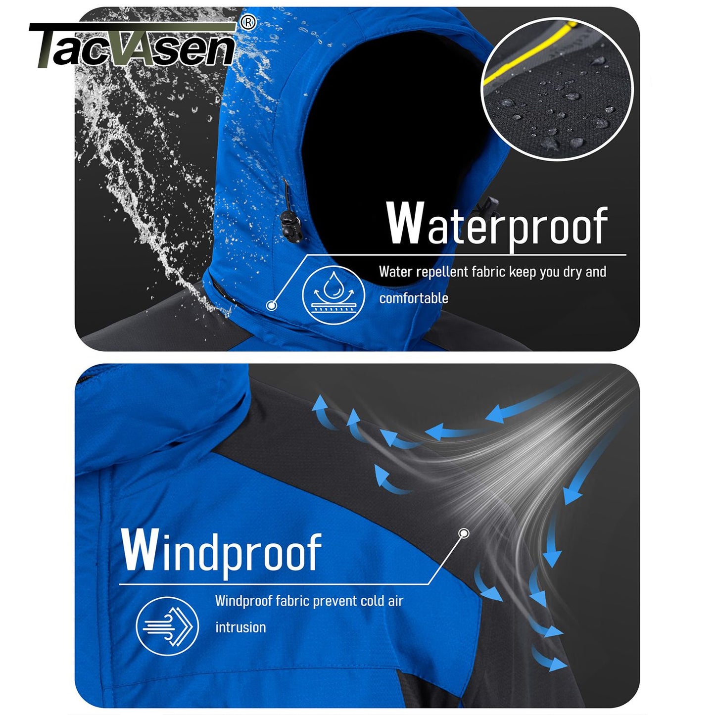 Jaqueta Masculina Impermeável TACVASEN de Inverno Pesada Forrada com Lã, Jaquetas de Esqui e Snowboard, Casacos Corta-Vento com Capuz Removível