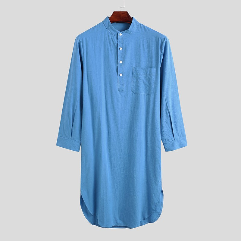 Men's Cotton Button-down Sleep Robe Solid Color Stand Neck Long Sleeve Nightgown Fashion Comfortable Home Wear Loose Bathrobe