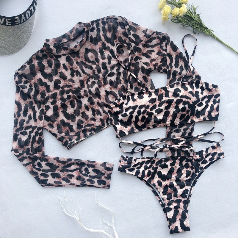 Long Sleeve 3 Piece Swimsuit High Cut Leopard Cover Up Push Up Bikini Separate Sports Bandage Bathing Suit Thong Swimwear 2025