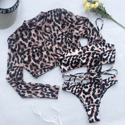 Long Sleeve 3 Piece Swimsuit High Cut Leopard Cover Up Push Up Bikini Separate Sports Bandage Bathing Suit Thong Swimwear 2025
