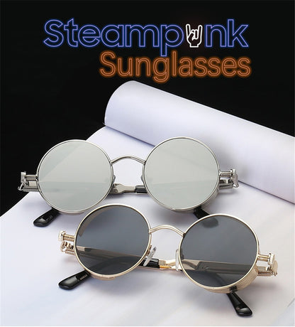 VIVIBEE Vintage Steampunk Red Sunglasses Men Round Punk Alloy Metal Retro Sun Glasses Women 2025 Goggles Gothic Style Shades