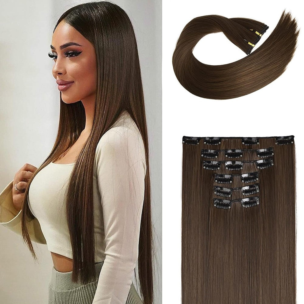 Extensões de Cabelo Sintéticas Lisas Longas com 16 Grampos para Mulheres e Meninas Acessórios para Cabelo