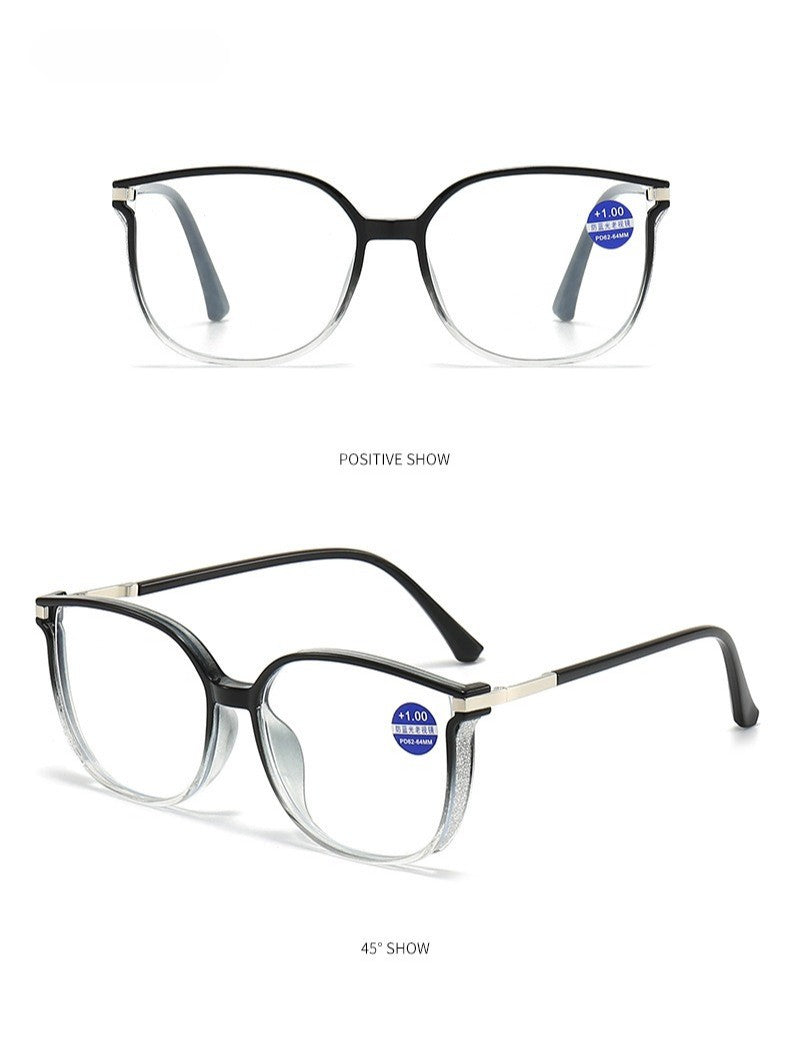 Blue Light Blocking HD Women Reading Glasses Stylish Presbyopic Eyeglasses Plano Eyewear Dazzling Large Frame Set with Diamonds