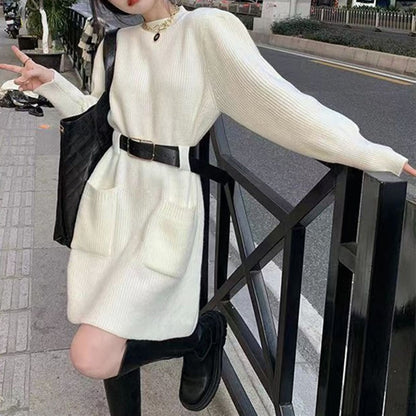 Autumn Winter Striped Knitted Dress Women Korean Fashion Double Pockets Short Dresses Ladies Casual Loose Long Sleeve Knit Dress