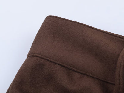 Die-Cut Hem Faux Suede Wide Leg Pants For Women Vintage Brown High Waist With Pockets Casual Loose Trousers