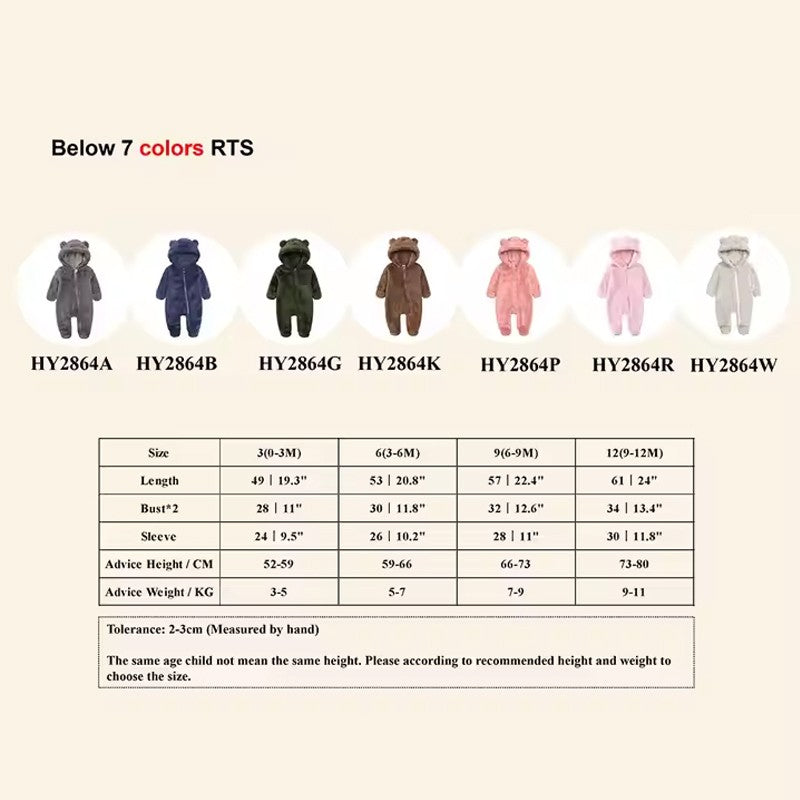 0-24M Baby Rompers Infant Clothes Winter Newborn Baby Boy Girl Zipper Bodysuit Bear Fleece Hooded Pyjamas