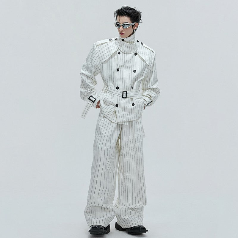 LUZHEN Fashion Stripe Printed Stand Neck Double Breasted Male Coat 2025 Autumn New Handsome Straight Casual Trousers Men JY4780