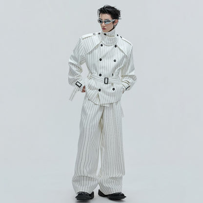 LUZHEN Fashion Stripe Printed Stand Neck Double Breasted Male Coat 2025 Autumn New Handsome Straight Casual Trousers Men JY4780