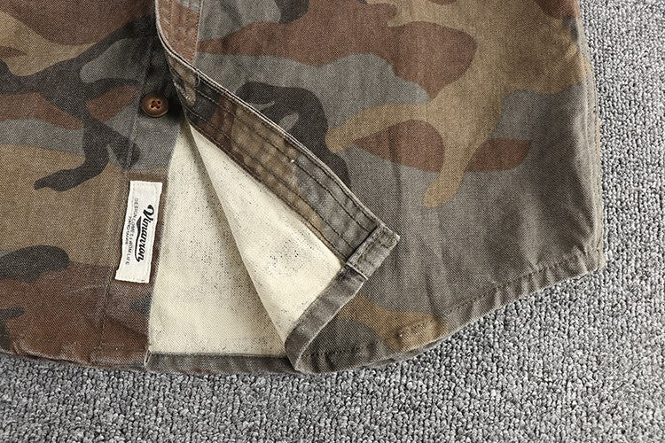2024 Autumn and Winter New American Retro Woven Camouflage Cargo Shirt Men's 100% Cotton Washed Old Double Pockets Thin Jacket