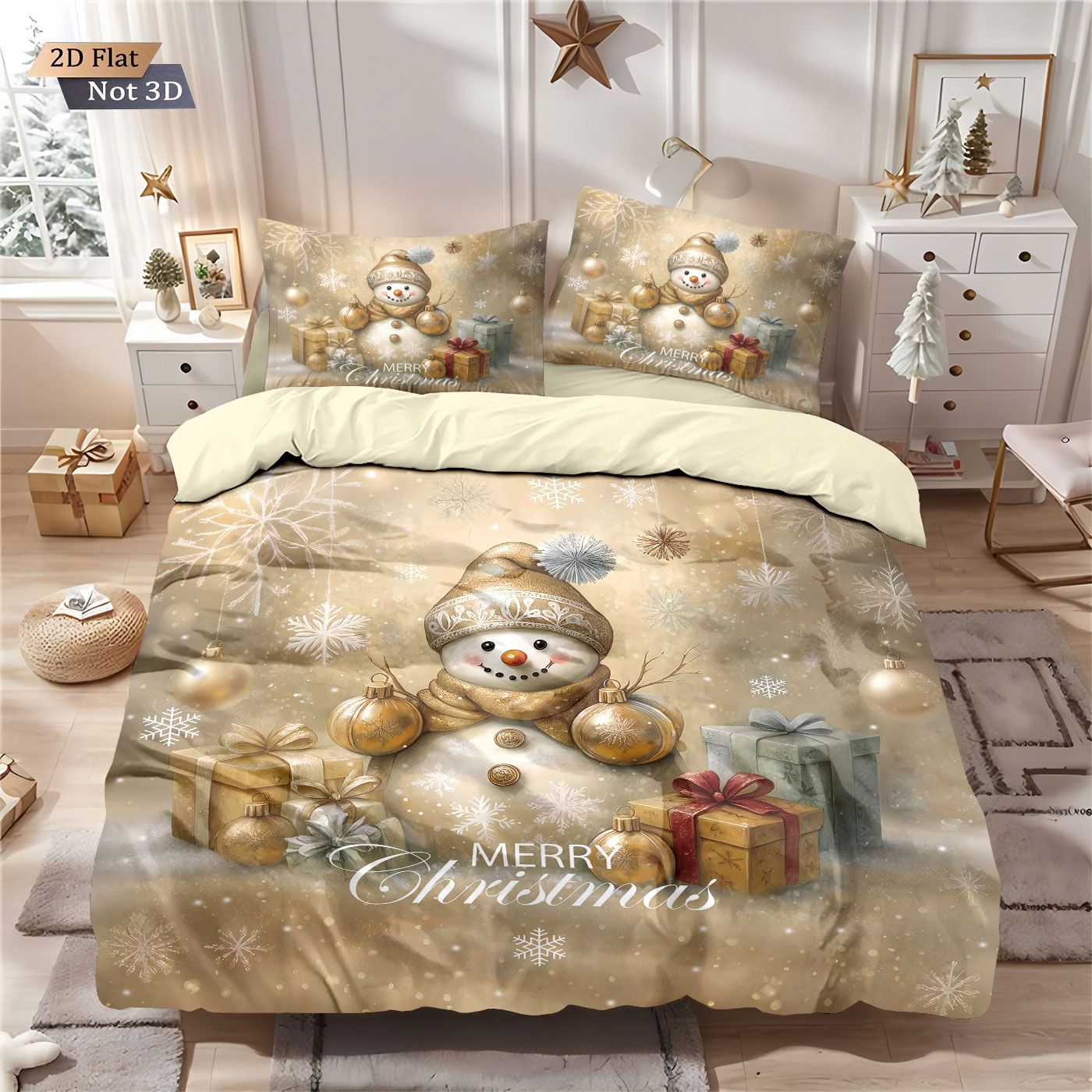 3pcs Golden Christmas Snowman Printed Chipless Bedding Set Soft Dormitory Bedroom Multiple Sizes Machine Washable