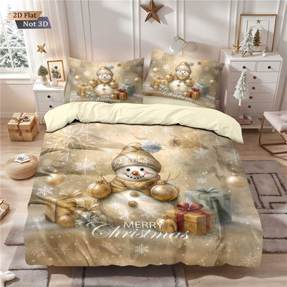 3pcs Golden Christmas Snowman Printed Chipless Bedding Set Soft Dormitory Bedroom Multiple Sizes Machine Washable