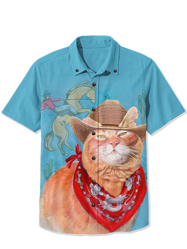 Men's Shirt Summer Casual Fashion Short Sleeve 3D Printed Denim Red Kitten Print Men's Hawaiian Lapel Single Breasted Shirt