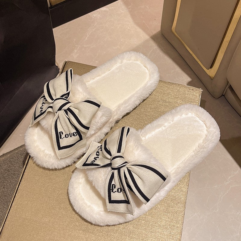 Casual Fluffy Slippers Women House Flats Fashion Winter Bowknot Love Designer Shoes Ladies Home Plush Platform Elegant Footwear
