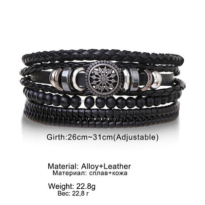 Conjunto de 4 Pulseiras Masculinas Trançadas de Couro com Fecho, Vintage Árvore da Vida Leme, Miçangas de Madeira, Étnicas Tribais, Bracelete de Corda