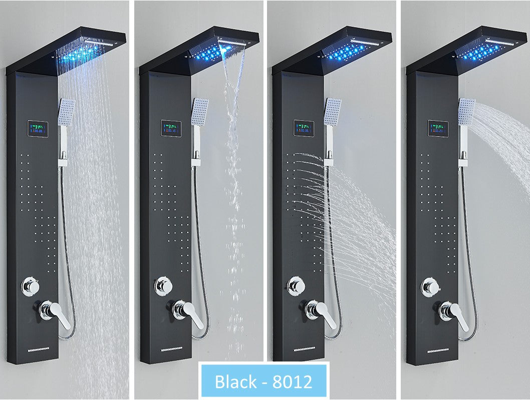 Sistema de Torre de Painel de Chuveiro de LED Coluna de Chuveiro de Cascata de Chuva com Tela LCD de Hidroeletricidade com Torneira de Chuveiro de Spa de Corpo com Massagem
