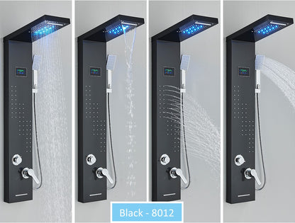 Sistema de Torre de Painel de Chuveiro de LED Coluna de Chuveiro de Cascata de Chuva com Tela LCD de Hidroeletricidade com Torneira de Chuveiro de Spa de Corpo com Massagem