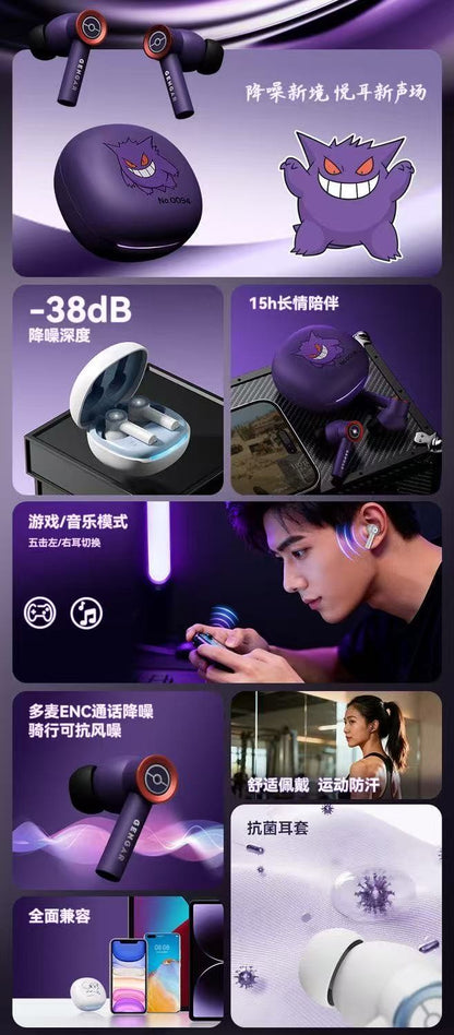 Fone de ouvido sem fio Bluetooth original Pkm Gengar Anime Tipo clipe de orelha Fones de ouvido esportivos estéreo para jogos Alta resistência Presentes da moda