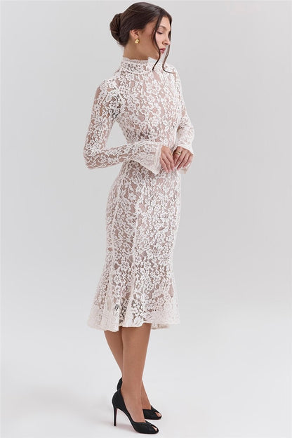 Mozision Lace Long Sleeve Sexy Midi Dress For Women Elegant White Half High Coll