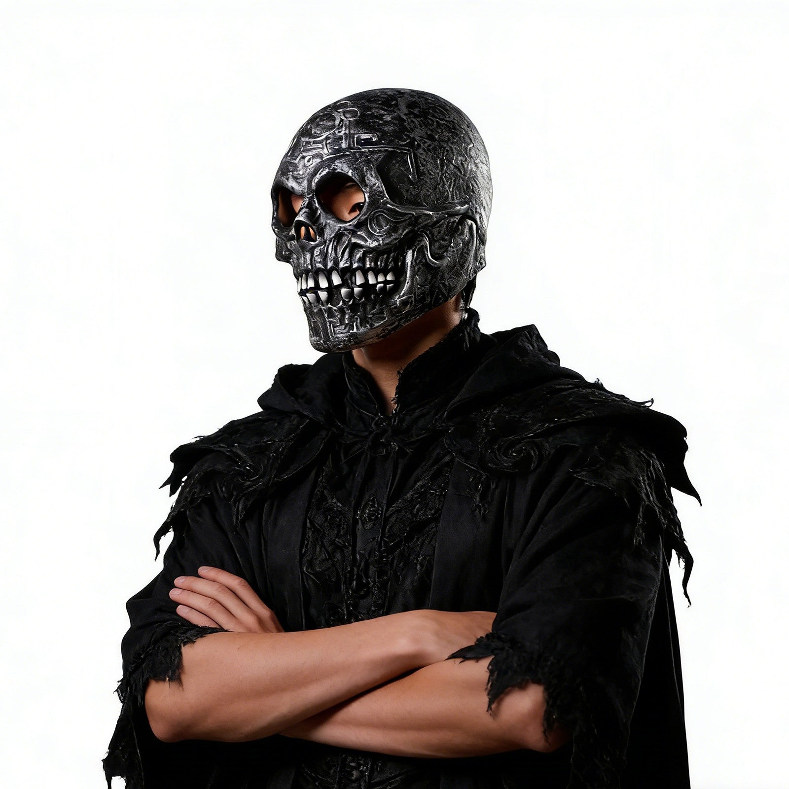 1Pc Handmade Latex Skull Mask Antique Silver Aztec Carvings Full Face Halloween Cosplay Prop