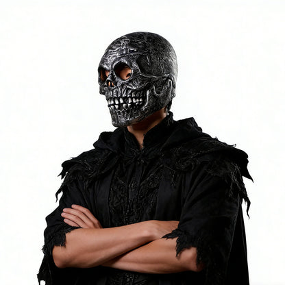 1Pc Handmade Latex Skull Mask Antique Silver Aztec Carvings Full Face Halloween Cosplay Prop