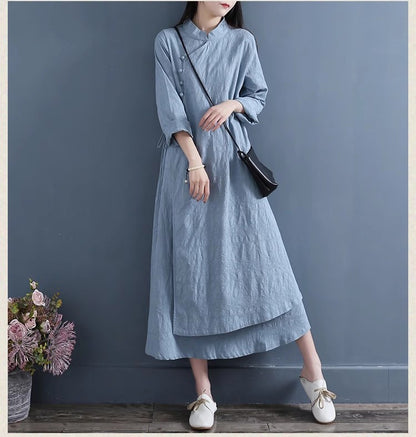 NYFS 2025 Spring Autumn New Womens Dresses Vestidos Robe Elbise Loose Plus Size Cotton Linen Double Layer Long Dress