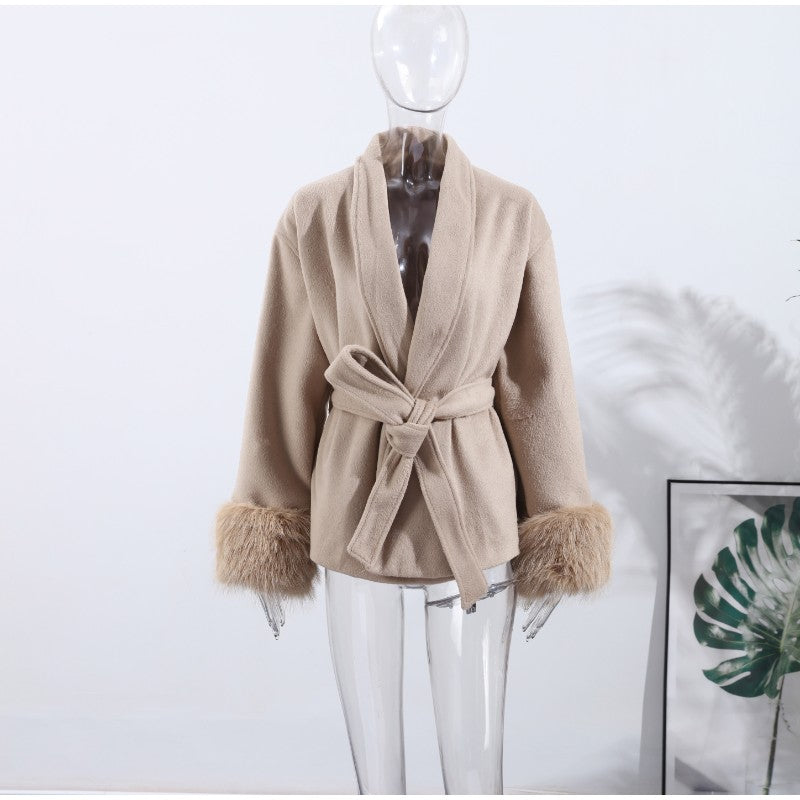2025 Chic Lapel Plush Coat With Belt Women Vintage Solid Faux Fur Sleeve Tweed Open Coats Female Autumn Casual Street Outwear
