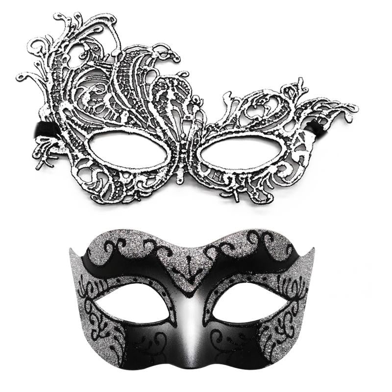Set of 2, Couple's Elegant Black Lace Masquerade Masks for Costume Parties