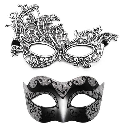 Set of 2, Couple's Elegant Black Lace Masquerade Masks for Costume Parties
