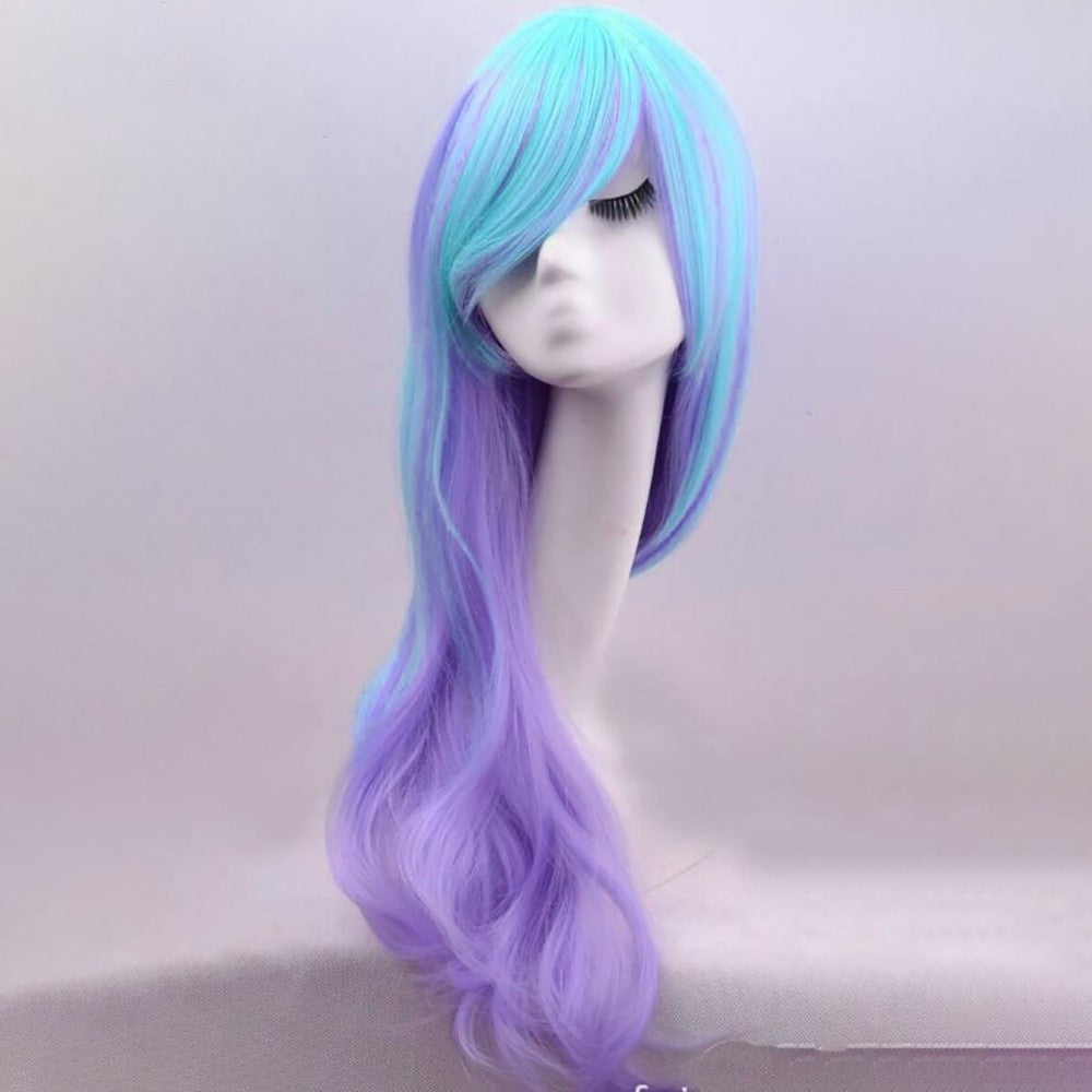 Soowee Synthetic Hair Long Wavy Cosplay Wig with Bangs Purple Blue Ombre Costume Lolita Wigs