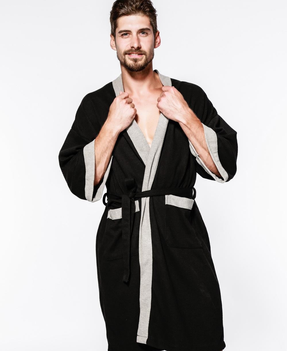 Cotton Waffle Men Kimono Bathrobe Gown Sleepwear Couple Black Robe Nightwear Loose Casual Sauna Yukata Spring Summer Home Wear