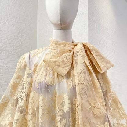 Milk Tea Color Long Sleeve Lace See Through Blouse Tops 2025 New Design