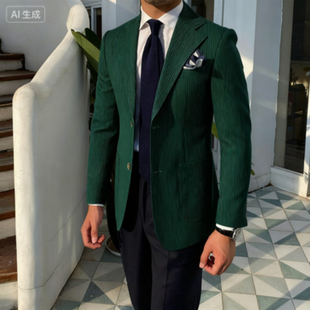 Summer Seersucker 2-Piece Men's Blue Striped Blazer Suit with Notched Lapel Casual Wedding Fine Fit Trousers Male Fashion