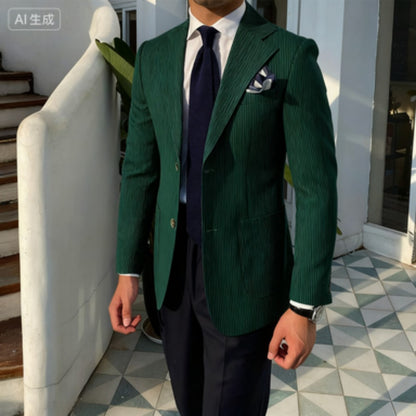 Summer Seersucker 2-Piece Men's Blue Striped Blazer Suit with Notched Lapel Casual Wedding Fine Fit Trousers Male Fashion