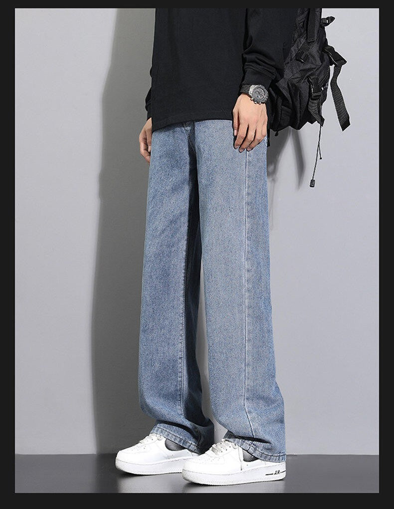 2025 Calças Jeans Casuais Masculinas Coreanas Novas Retas Longas Perna Larga Jeans Cor Sólida Azul Claro Cinza Preto