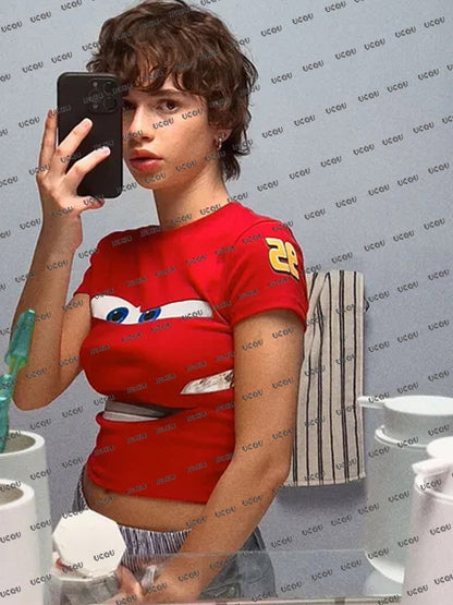 2025 Summer New Lightning Mcqueen Print T-shirt For Women Short Sleeve Crop Top Streetwear O-neck Tees Vintage Casual Y2k Tops