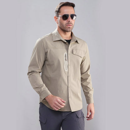 Stretch Men's Shirt Multiple Pockets Quick Drying Shirts High Quality Male Elastic Tooling Shirt Men Clothing Casual Shirts AF54