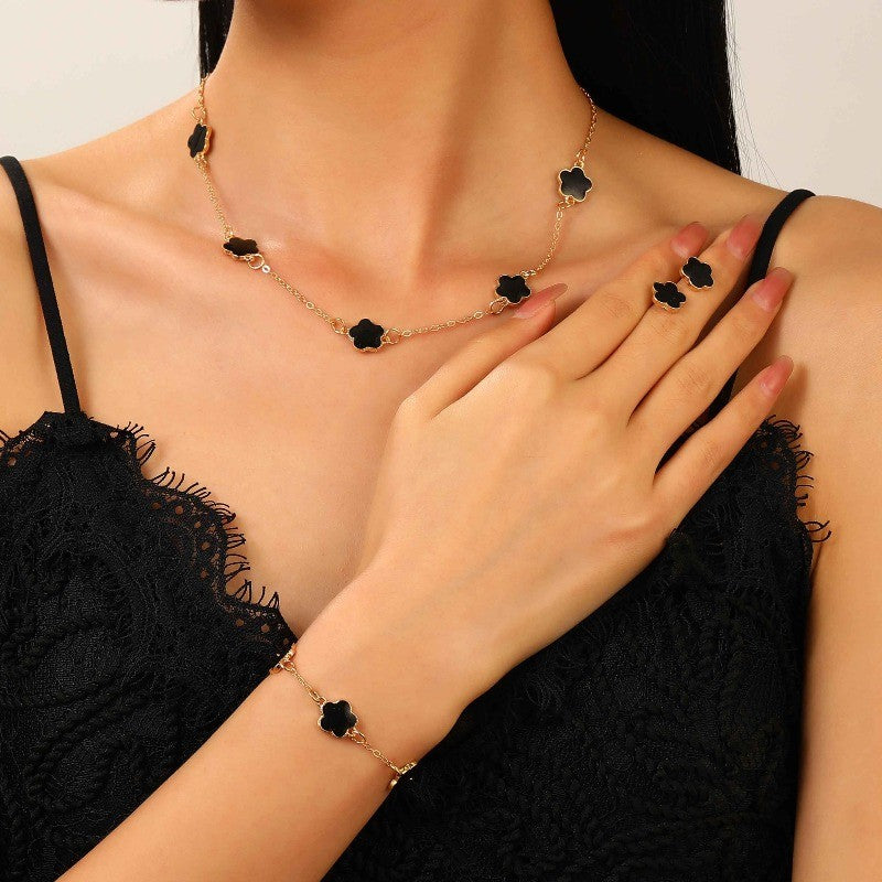 3pçs/conjunto Colar, Pulseira e Brincos de Flor de Cinco Pétalas da Sorte para Mulheres Elegante Trevo Moda Festa Joias Presentes Acessórios