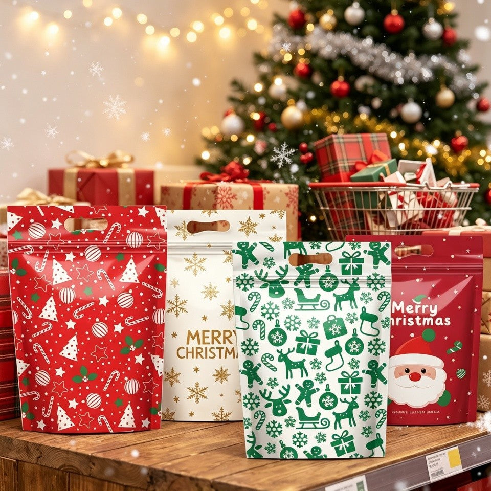 50Pcs Resealable Christmas Zip Lock Bags 50PCS Clear Christmas Plastic Sealing Bags with Handles for Xmas Holiday Party Candy