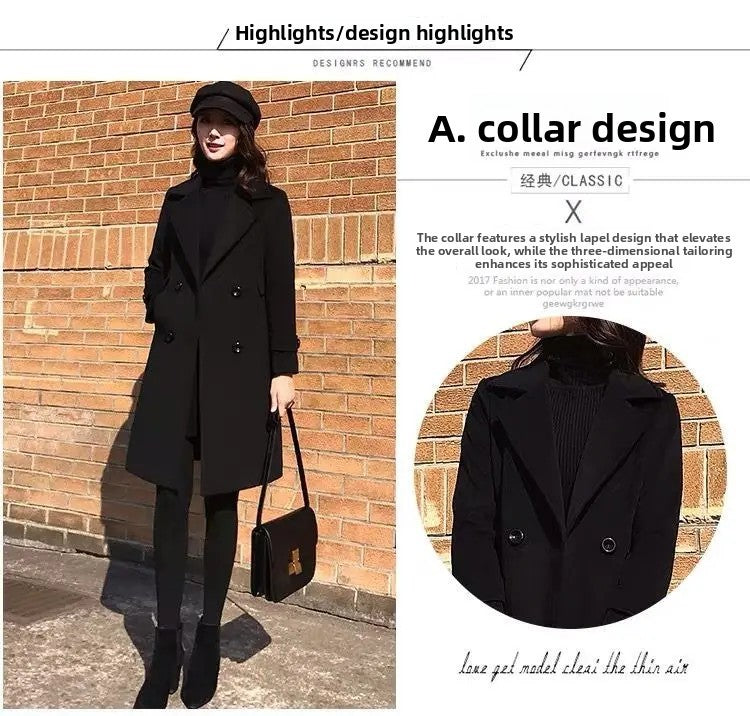 Plus Size Black Woolen Coat 2025 New Style Women's Autumn Winter Professional Mid-Length Trendy Polyester Fiber Suit Collar F...