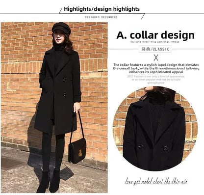 Plus Size Black Woolen Coat 2025 New Style Women's Autumn Winter Professional Mid-Length Trendy Polyester Fiber Suit Collar F...