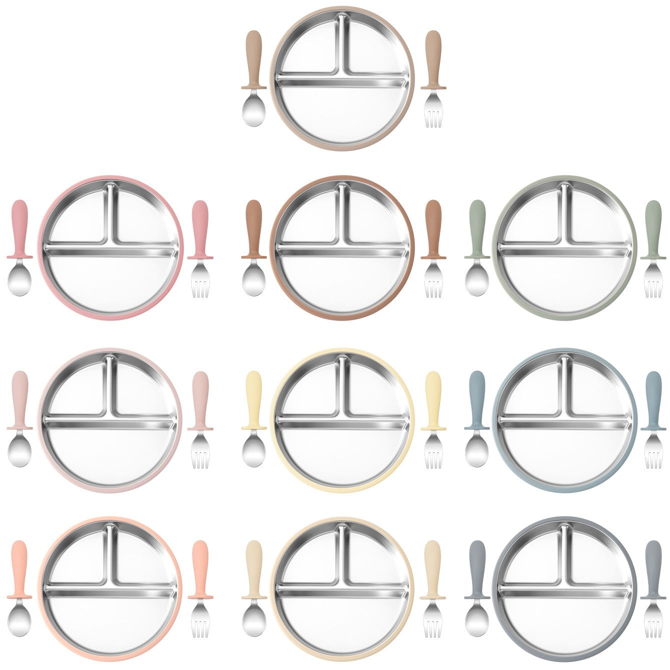 3PCS Silicone Stainless Steel Feeding Kit Toddler Sucker Feeding Dishes Plate Infant Self Feeding Training BPA Free Fork Spoon