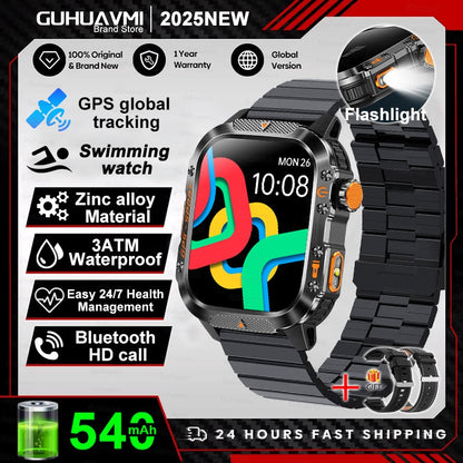 2026 Novas pulseiras inteligentes militares de GPS para ambientes externos, bússola masculina, frequência cardíaca, chamada BT, lanterna LED, Smartwatch à prova d'água 10ATM para natação