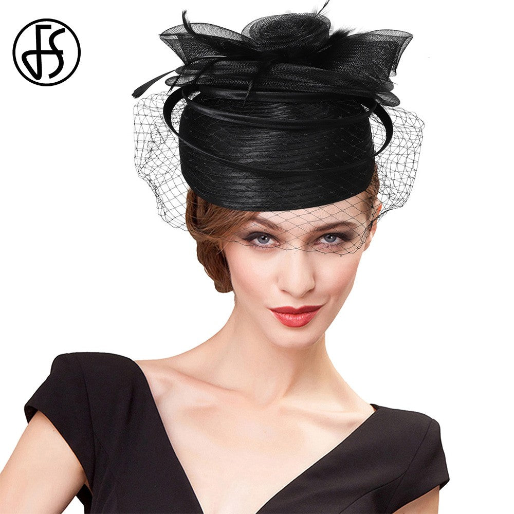 FS Casamento Igreja Chapéus Vermelhos Fascinadores Para Mulheres Com Véu de Pena Festa Coquetel Adorno de Cabeça 2025 Senhora Elegante Chapéu Kentucky Derby