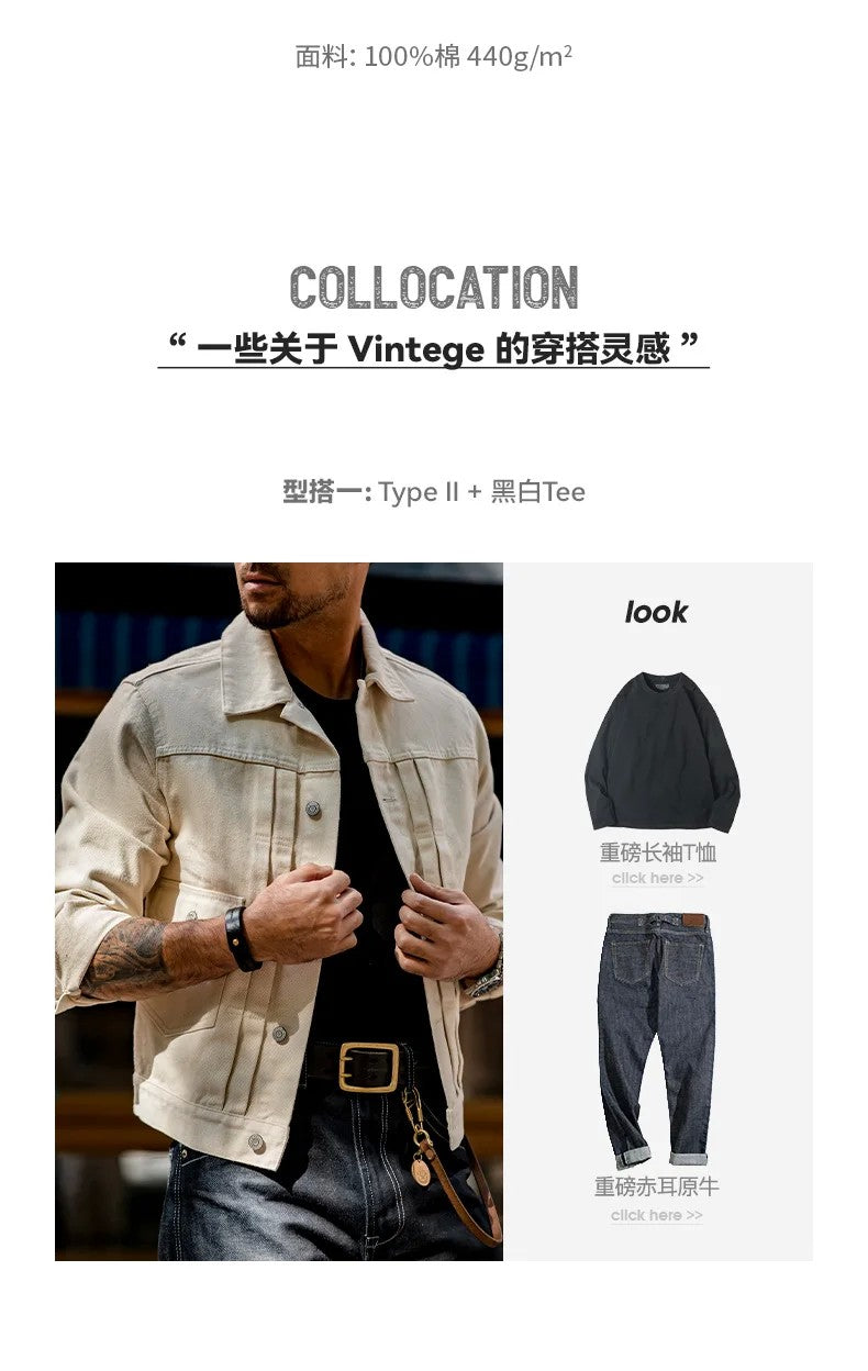 Maden Retro Type II Denim Jackets Beige Cotton Washed Denim Coats for Men's Autumn Versatile Single-breasted Lapel Outwear